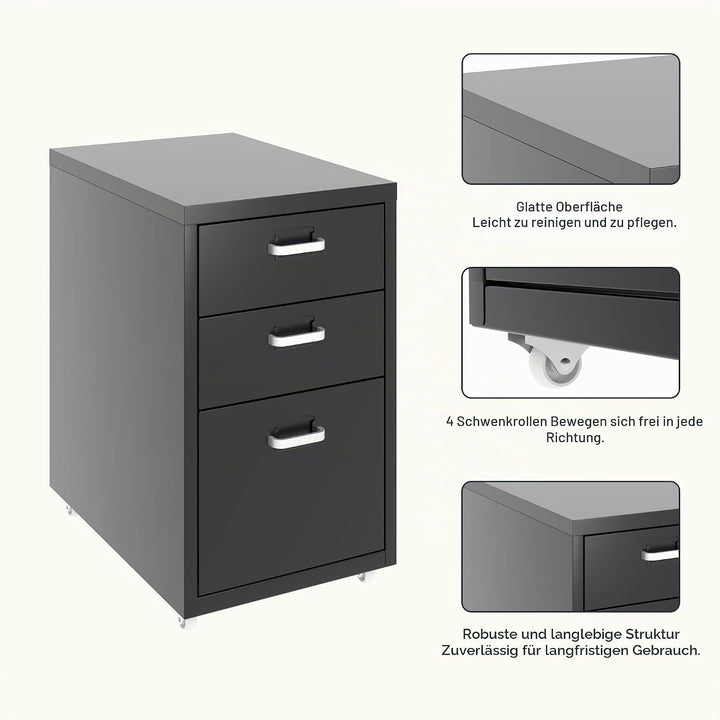 FLEXISPOT Rollcontainer Büroschrank mit 3 Schubladen, Aktenschrank Metallschrank Kommode mit Rädern,