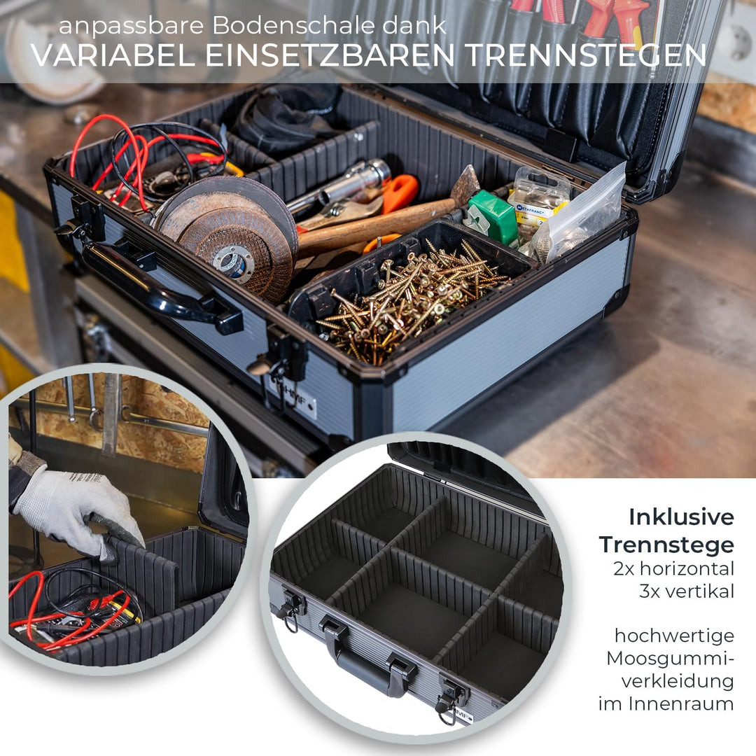HMF 14601-02 Alu Werkzeugkoffer leer, verstellbare Facheinteilung, 46 x 15 x 33 cm