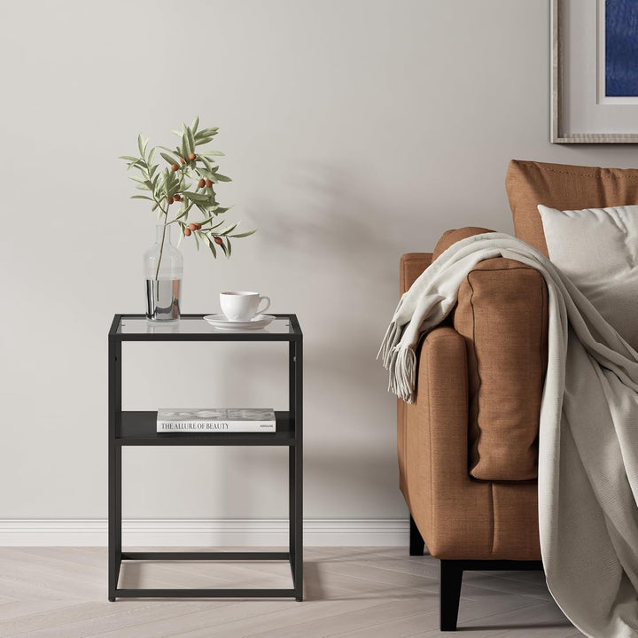 [en.casa] Beistelltisch Solund Couchtisch mit Ablage Schwarz matt Wohnzimmertisch mit Glasplatte Nac