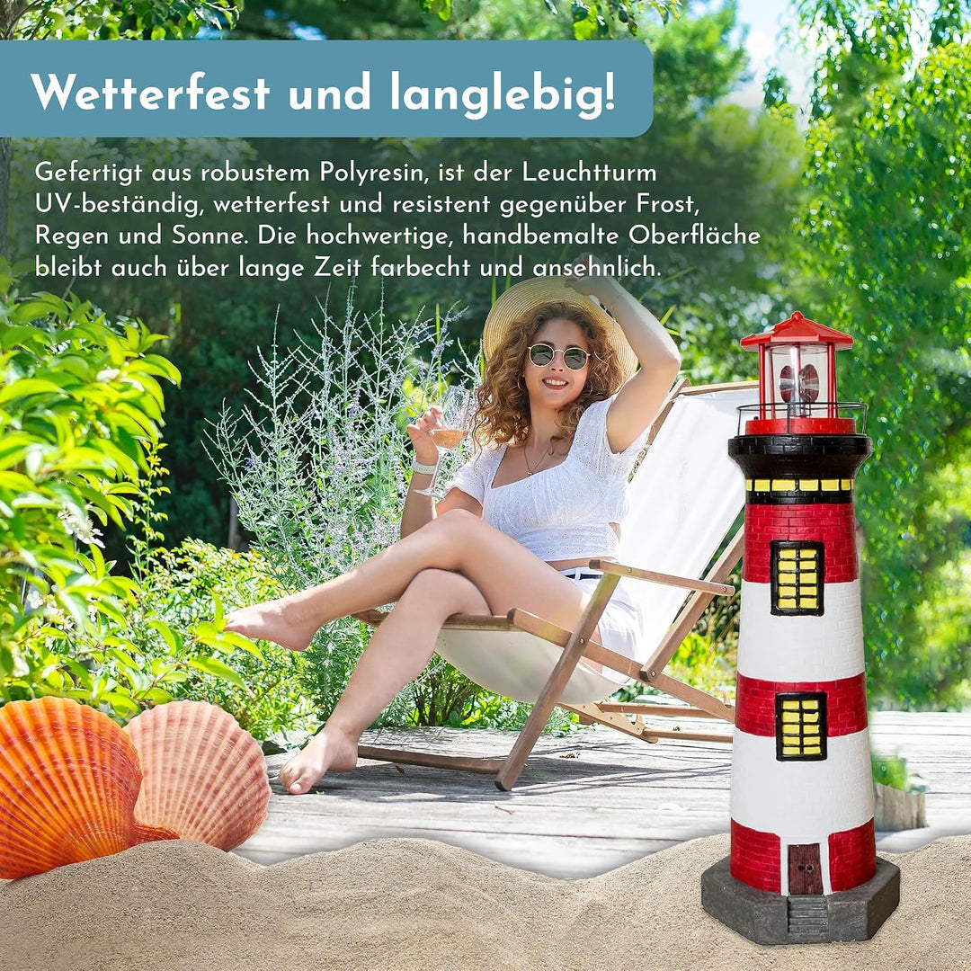 NATIV LEMODO Gartendeko Leuchtturm 83cm hoch | Handbemalte Gartenfigur mit solarbetriebenem, rotiere
