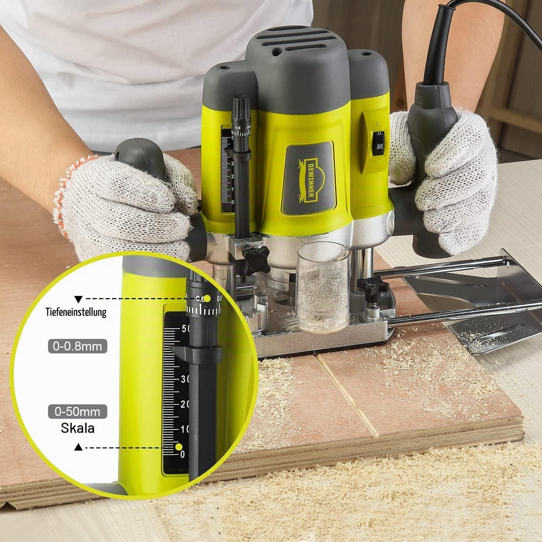 DEWINNER Elektronik Oberfräse Fräser 1200W,Ø 6 und 8 mm,Drehzahlregelung, Parallelanschlag, Absaugad