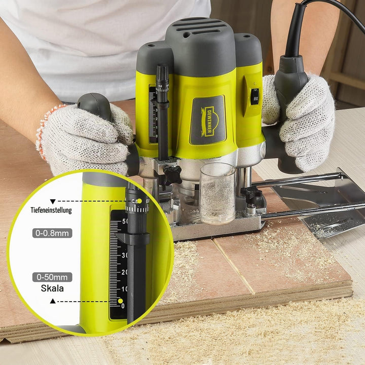 DEWINNER Elektronik Oberfräse Fräser 1200W,Ø 6 und 8 mm,Drehzahlregelung, Parallelanschlag, Absaugad
