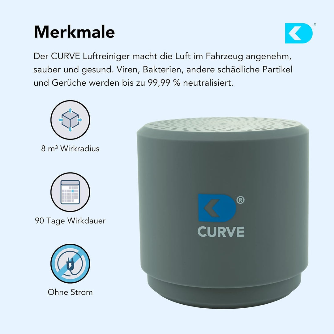 CURVE Auto Luftreiniger - Entfernt 99% der Keime & Gerüche aus Luft/Oberflächen - Ohne Strom - Geräu