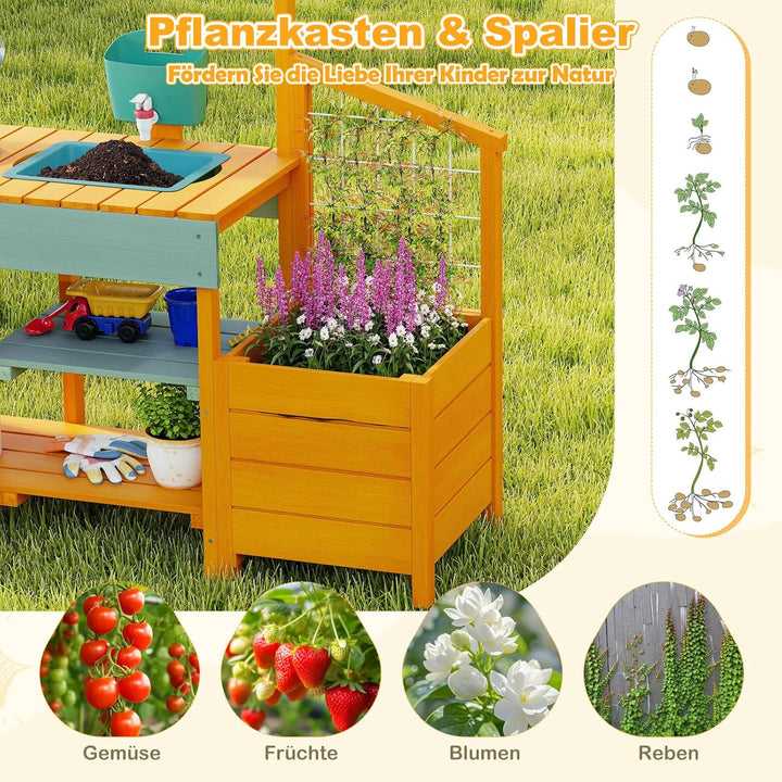 COSTWAY Matschküche Kinder Outdoor, Kinderküche mit Pflanzkasten & Rankgitter, Holzküche mit Wasserf
