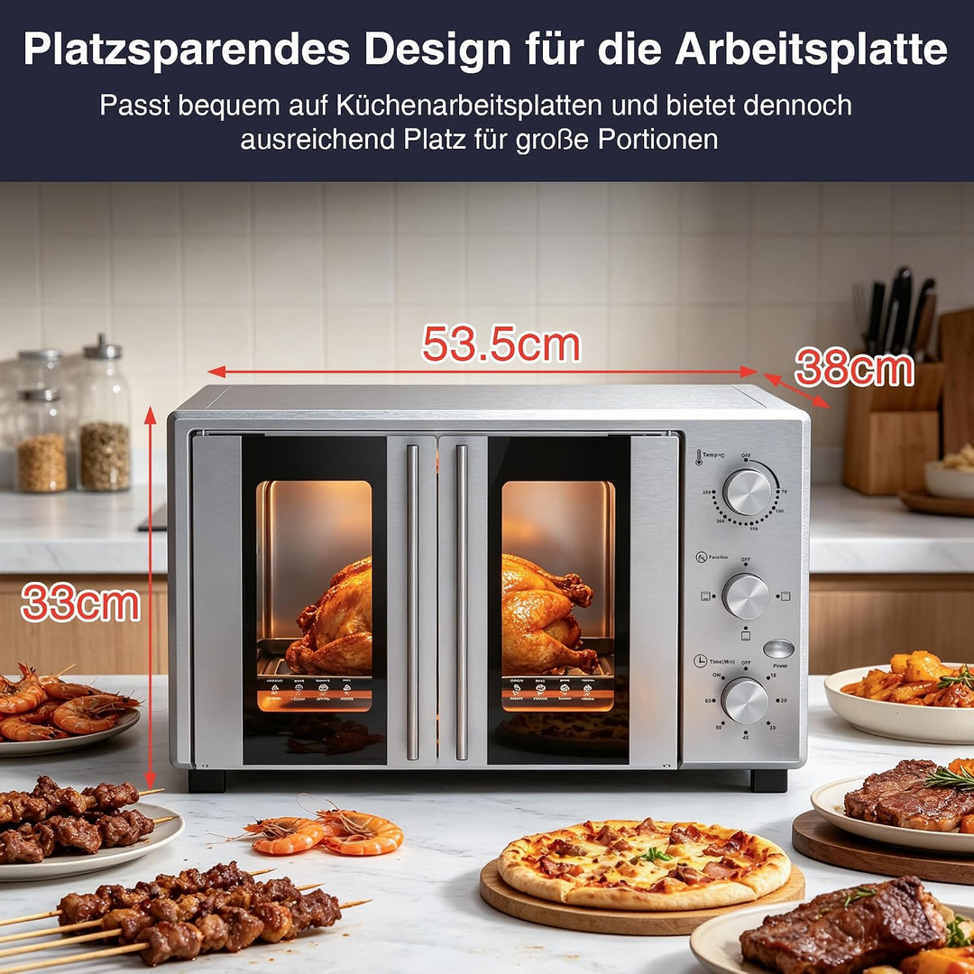 Minibackofen 38 Liter, Pizzaofen Elektrisch 1600W mit Doppeltür, 3 Heizmodi, 70°C-250°C Thermostat u