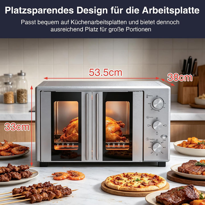 Minibackofen 38 Liter, Pizzaofen Elektrisch 1600W mit Doppeltür, 3 Heizmodi, 70°C-250°C Thermostat u