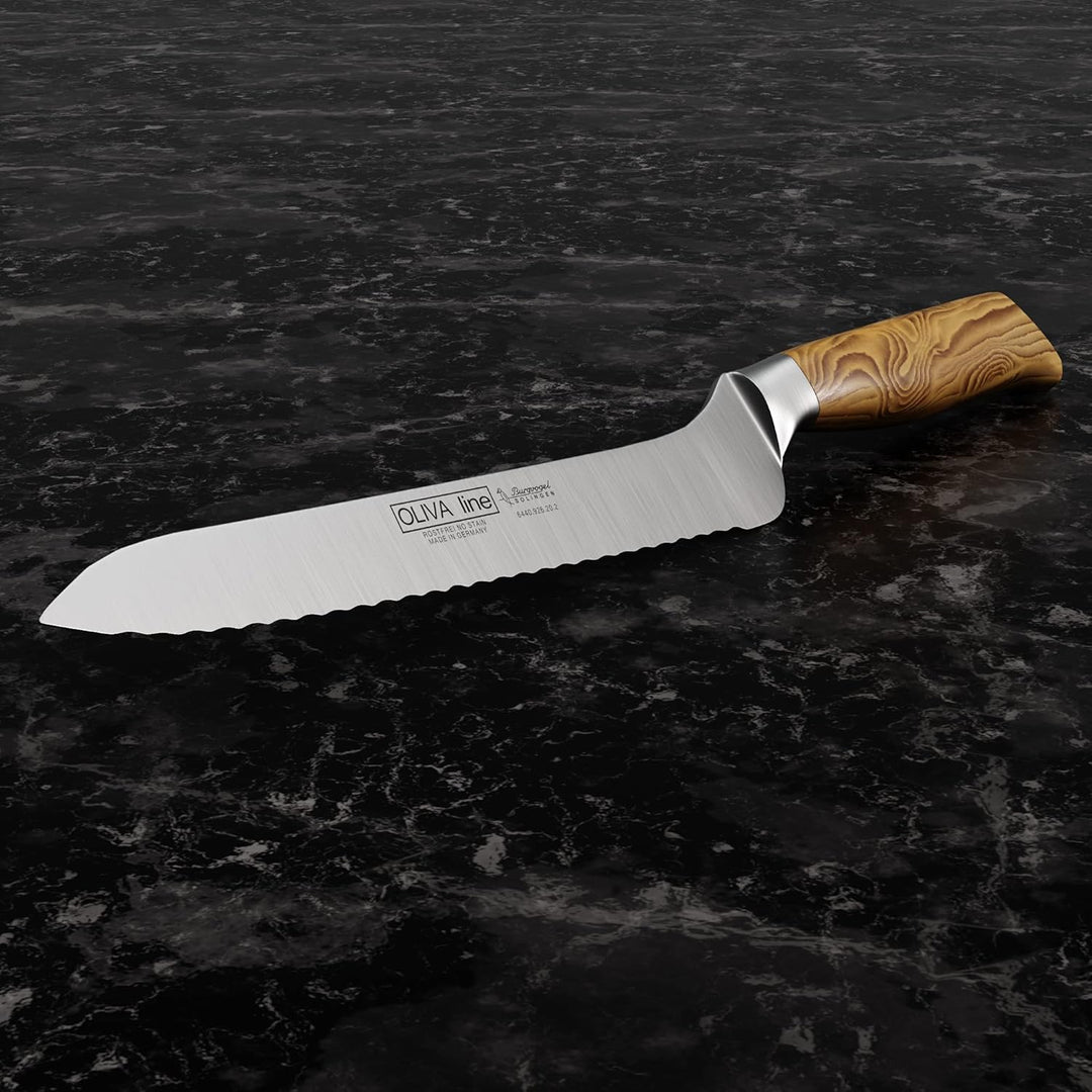 Burgvogel Solingen Brotmesser 20 cm geschmiedet Olivenholz, Oliva Line, Wellenschliff, rostfrei, hel