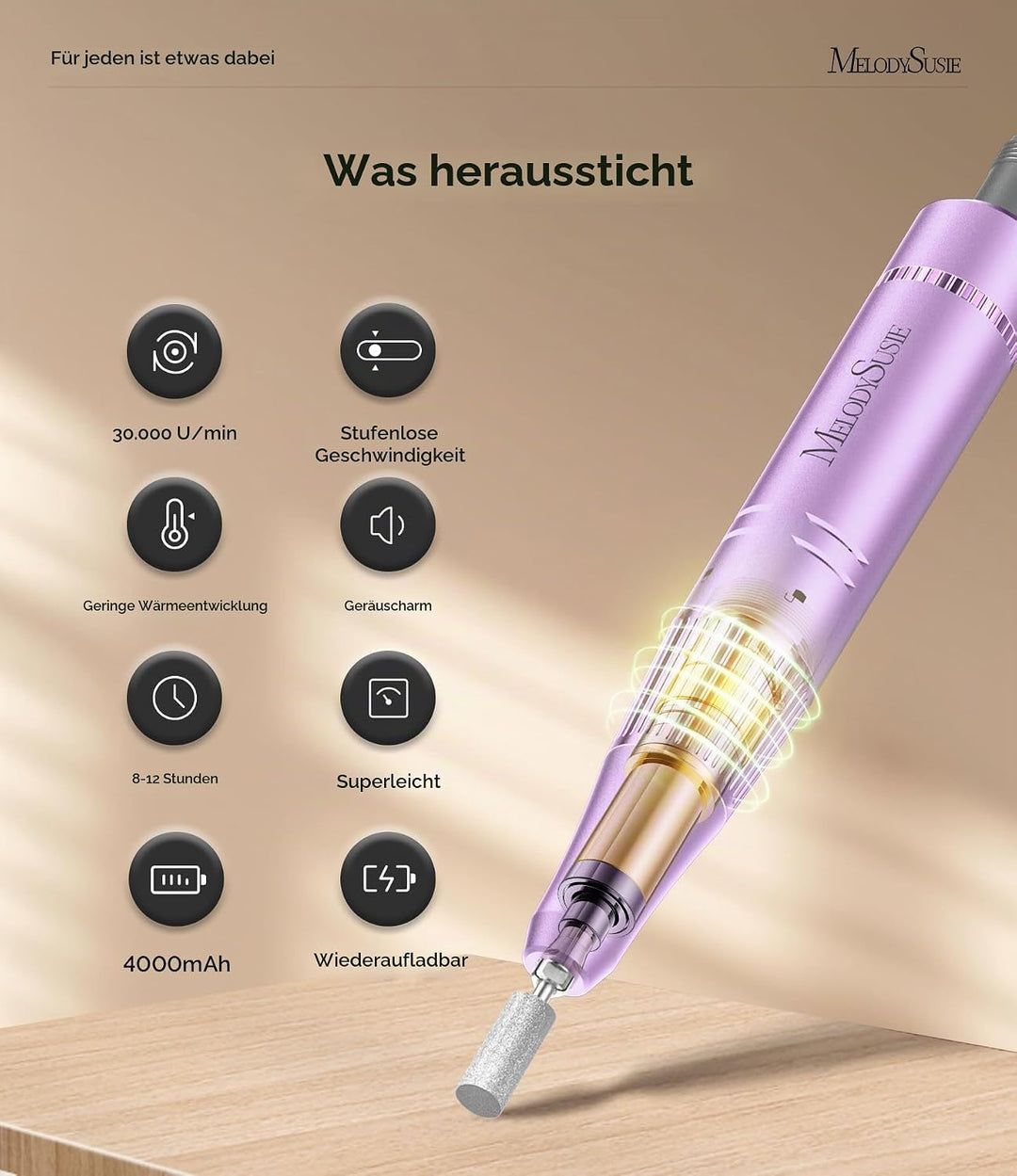 MelodySusie Tragbarer Nagelfräser 30000 RPM, SC320F Professionelle Kabellose Elektrische Nagelfeile