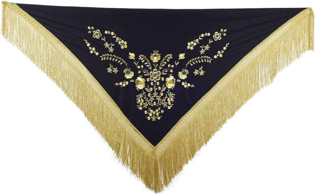 La Señorita Spanischer Manton/Tuch schwarz mit golden Blumen und Fransen gold Grösse L