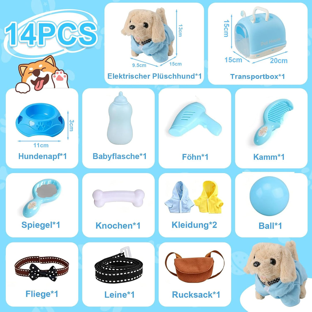 Hund Spielzeug Kinder, 14 PCS Spiel Kuscheltier Hund mit Leine, Interaktives Plüsch Hund der Läuft,