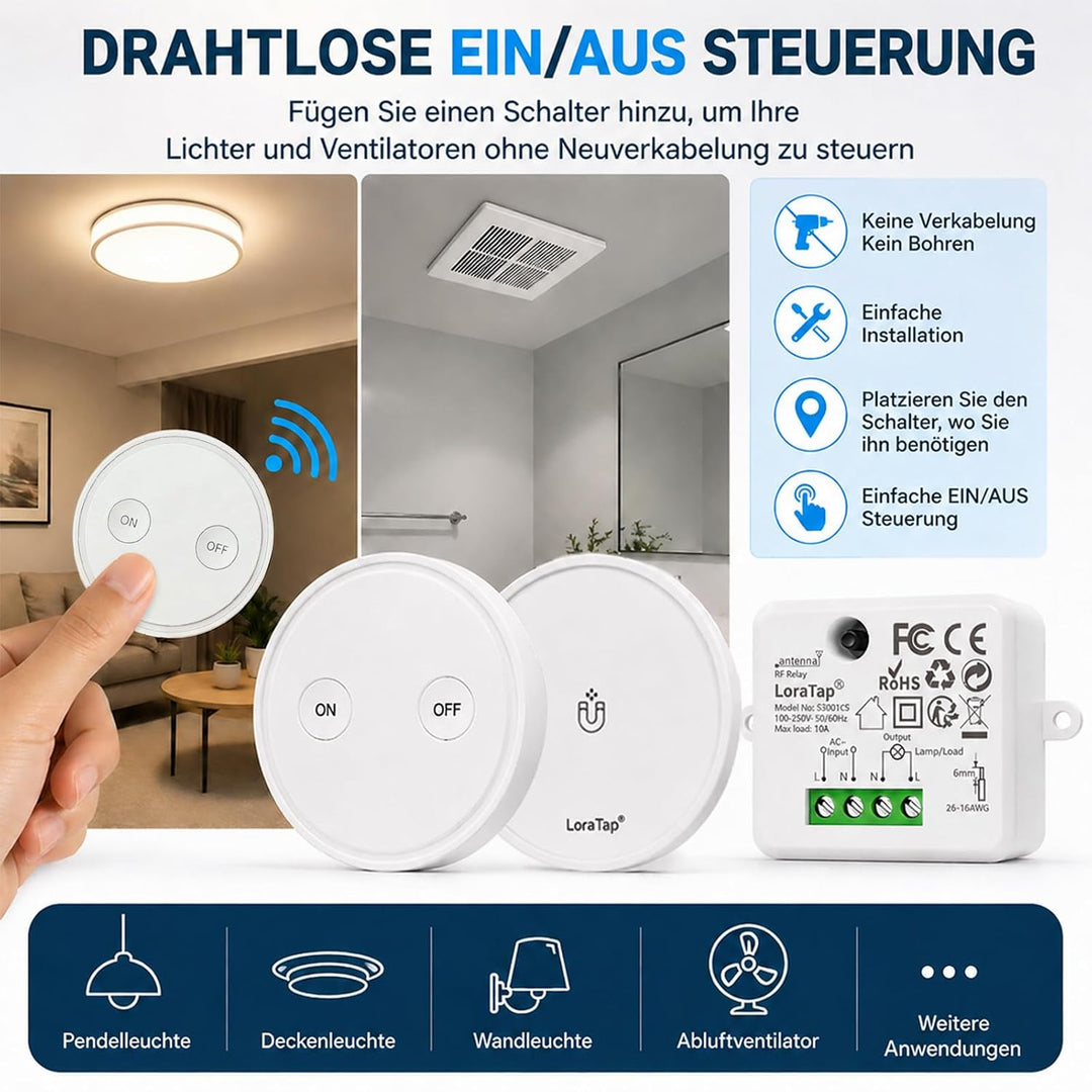 LoraTap Funk Lichtschalter Set mit 1 Fernbedienung und 1 Empfänger, 230V Funk Einbauschalter für Lic