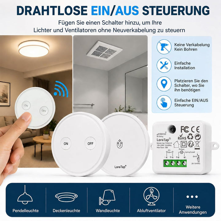 LoraTap Funk Lichtschalter Set mit 1 Fernbedienung und 1 Empfänger, 230V Funk Einbauschalter für Lic