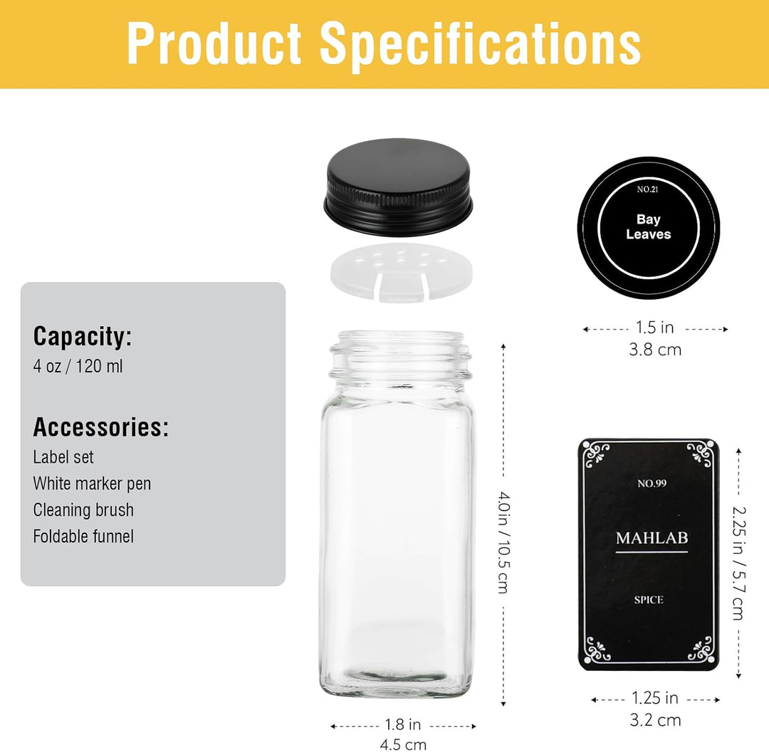 Gewürzgläser Set 24er – 120ml eckige Glas-Gewürzgläser mit Streuaufsatz – 4oz luftdicht mit Aluminiu