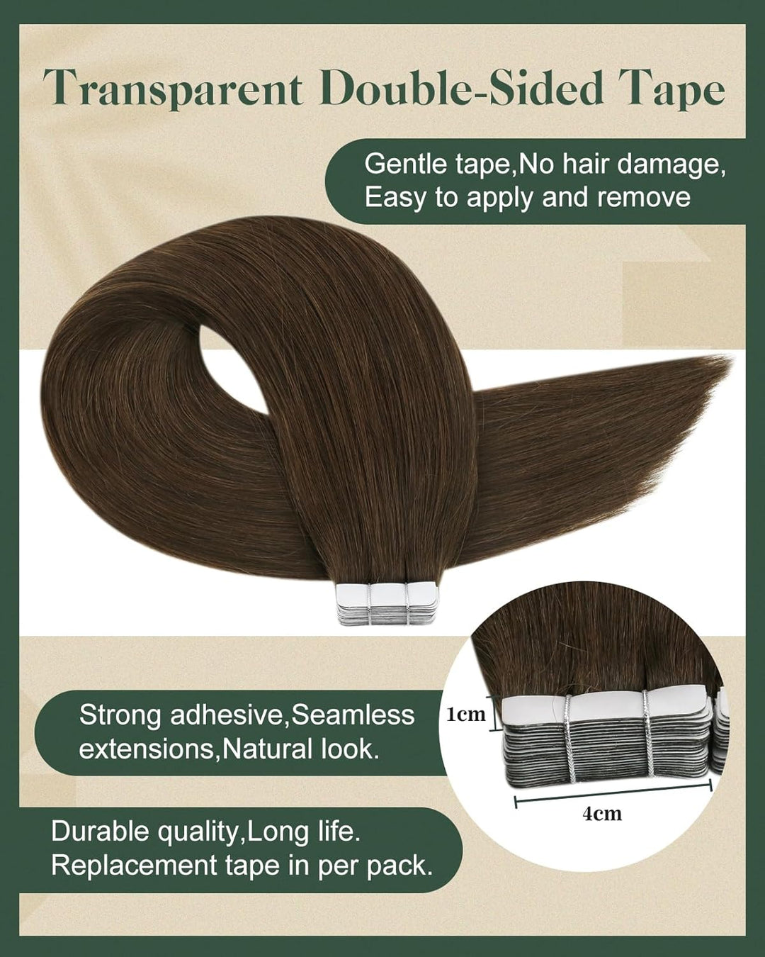 Ugeat 60cm Tape in Extensions Echthaar Braun Tape in Klebestreifen Echthaar Extensions Band Dunkelbr