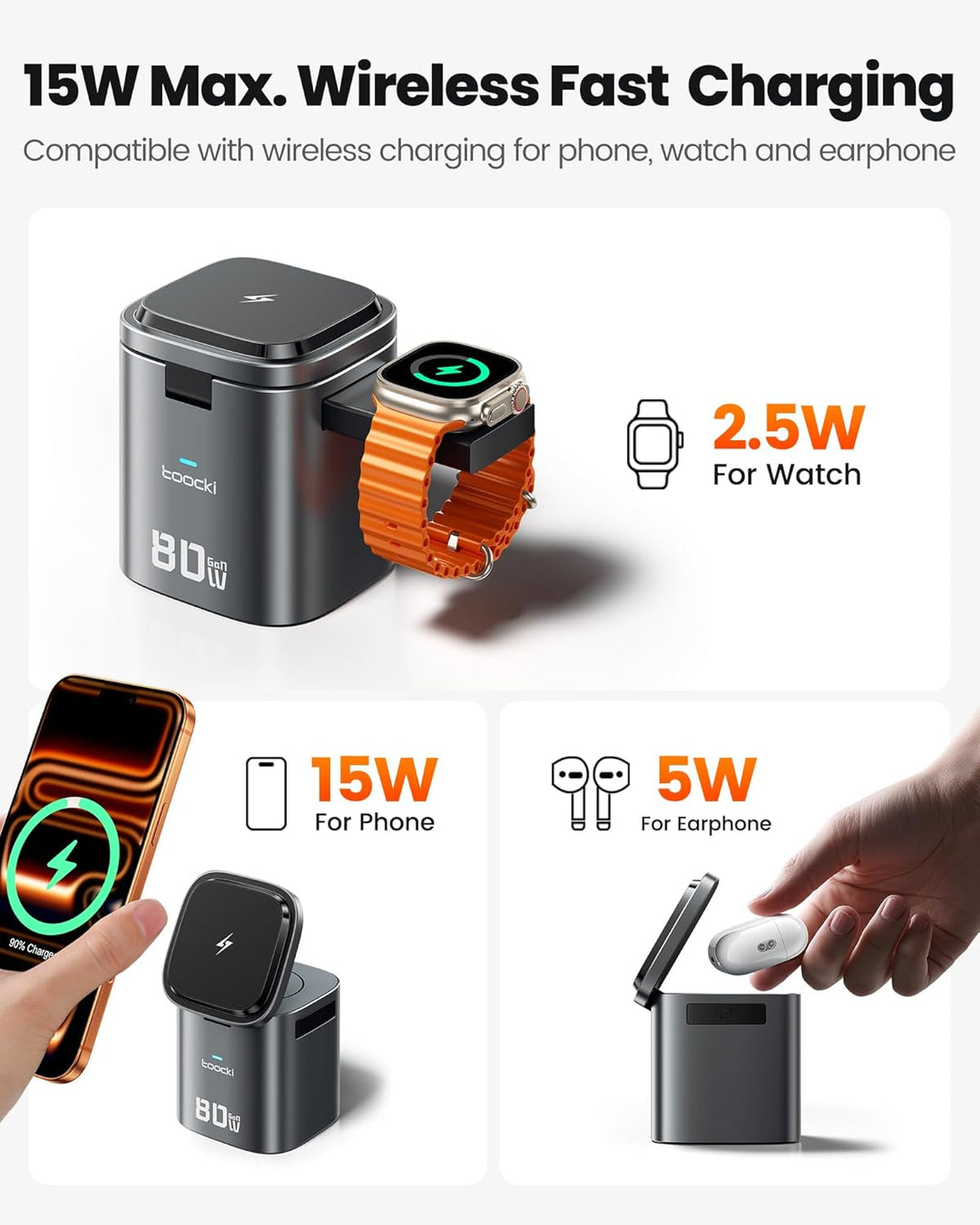 toocki USB C Ladegerät, 6Port GaN Ladestation mit Schnell Einziehbares Ladekabel und Mag.Safe Ladege