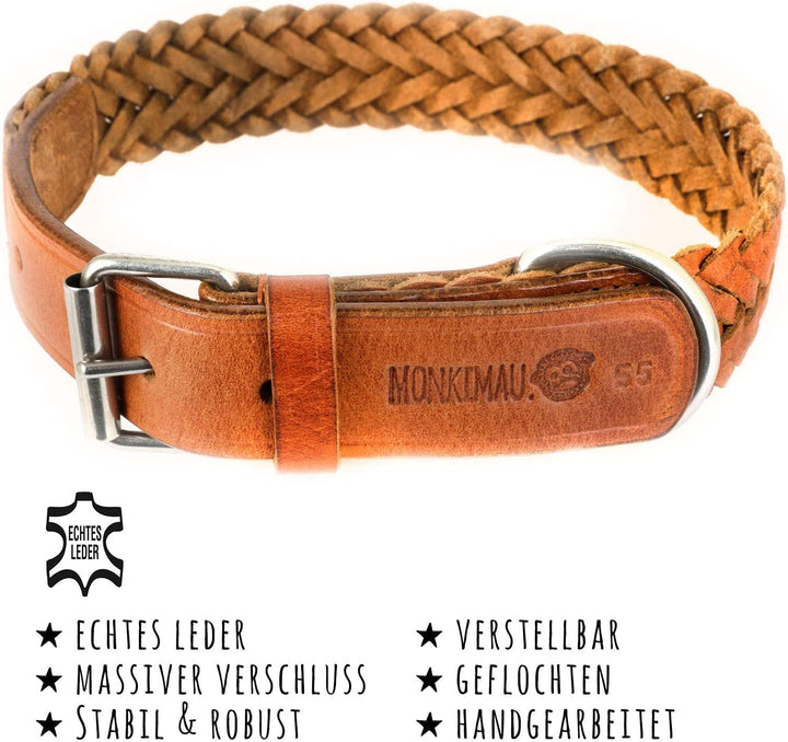 Monkimau Halsband für Hunde aus echt Leder geflochten verstellbar L 45-53 cm M-L: 30mm x 60cm, M-L: