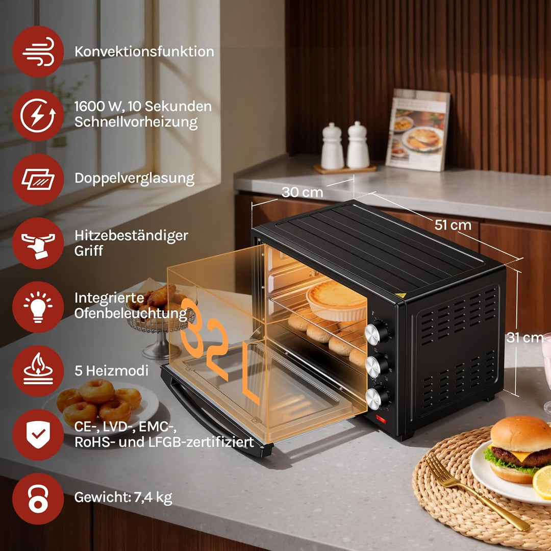 WOLTU Mini Backofen 32 Liter, 1600 Watt Toasterofen | Pizzaofen | Herausnehmbares Krümelblech mit Ti