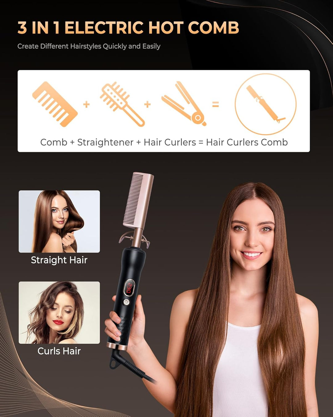 UKLISS Hot Comb, Haarglätter Kamm, Glättkamm, Hot Comb for Wig, Thermal Brush mit LCD 120-230℃, Hair