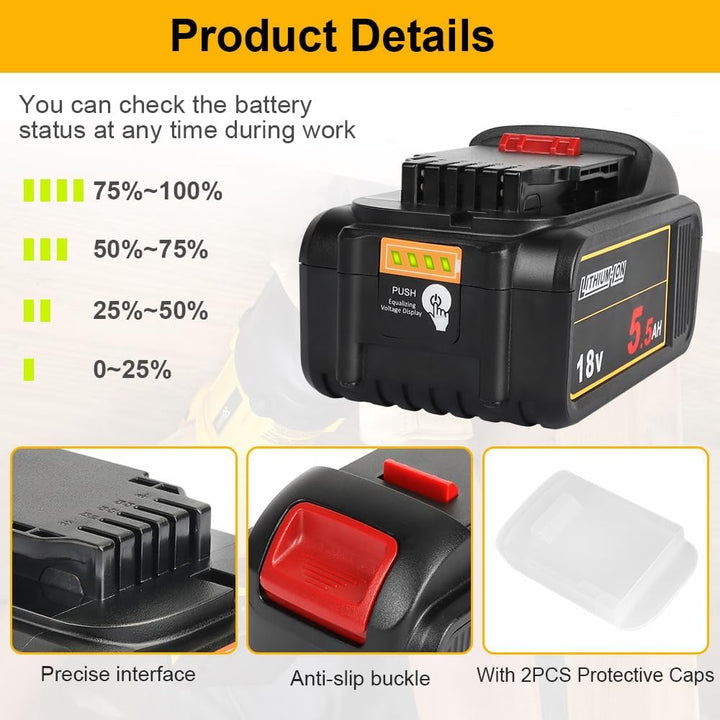 Powarobor DCB184 18V 5,5Ah Li-Ion Ersatz Akku kompatibel mit Dewalt 18Volt Akkus Maschinen mit LED L