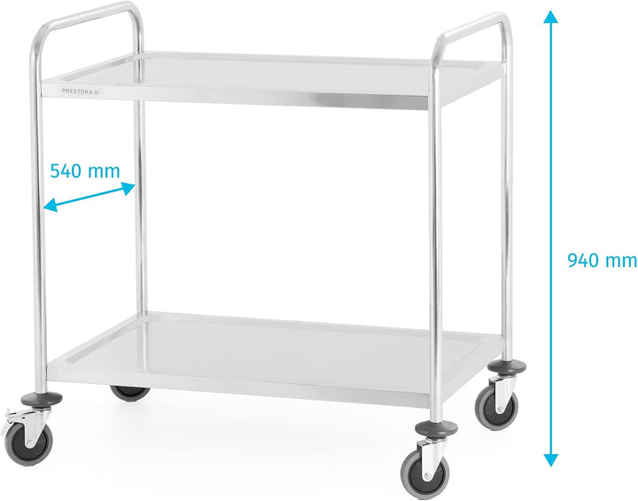 TECHNICA PRESTONA Servierwagen Edelstahl 2 Etagen mit Rollen & Bremse Rundgriff 860x540x940mm Rollwa