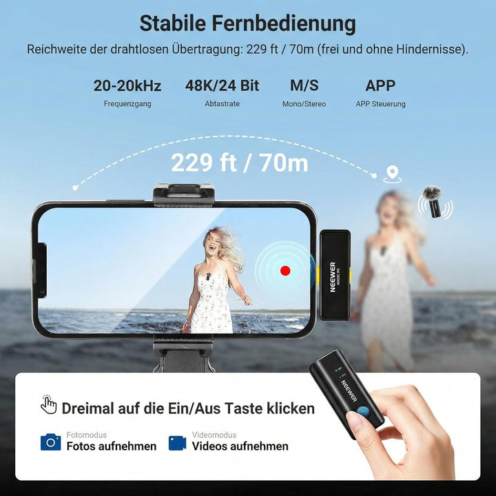 NEEWER KM23C AI Drahtloses Lavalier Mikrofon Kompatibel mit iPhone Android Tablet PC Laptop, omnidir