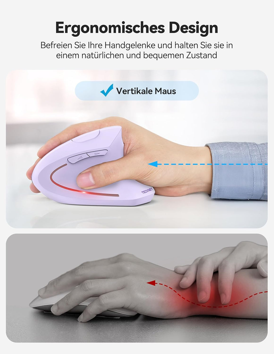 TECKNET Ergonomische Bluetooth Maus, Wiederaufladbar Kabellose Vertikale Maus (BT 5.0/3.0 + 2.4G), 6