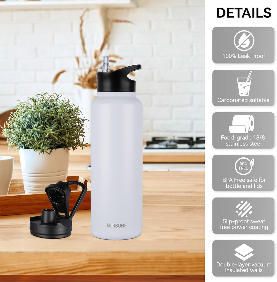 Edelstahl Trinkflasche 1.2L (+2 Deckel)-mit Strohhalm,BPA frei,Thermosflasche Auslaufsicher,Kohlensä