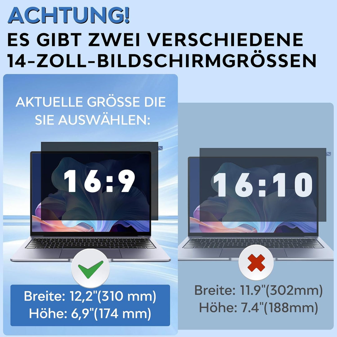Blickschutzfolie für 14 Zoll Laptop 16:9 Seitenverhältnis Sichtschutzfolie,Abnehmbar sichtschutz, An