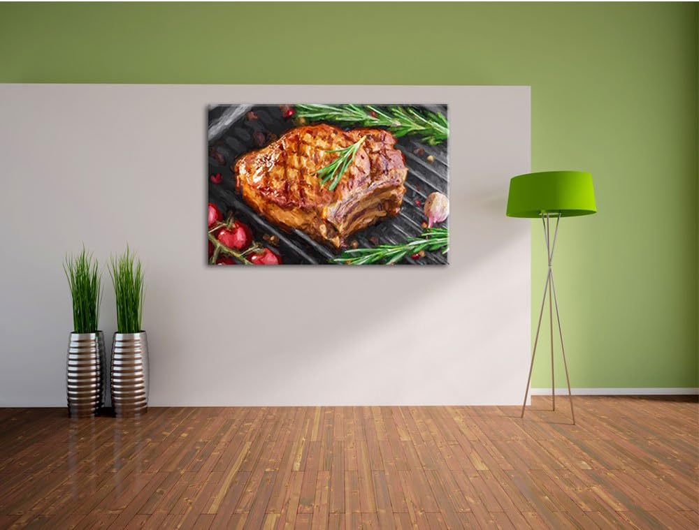 Pixxprint gegrilltes Steak mit Rosmarien garniert Pinsel Effekt, Format: 100x70 auf Leinwand, XXL ri