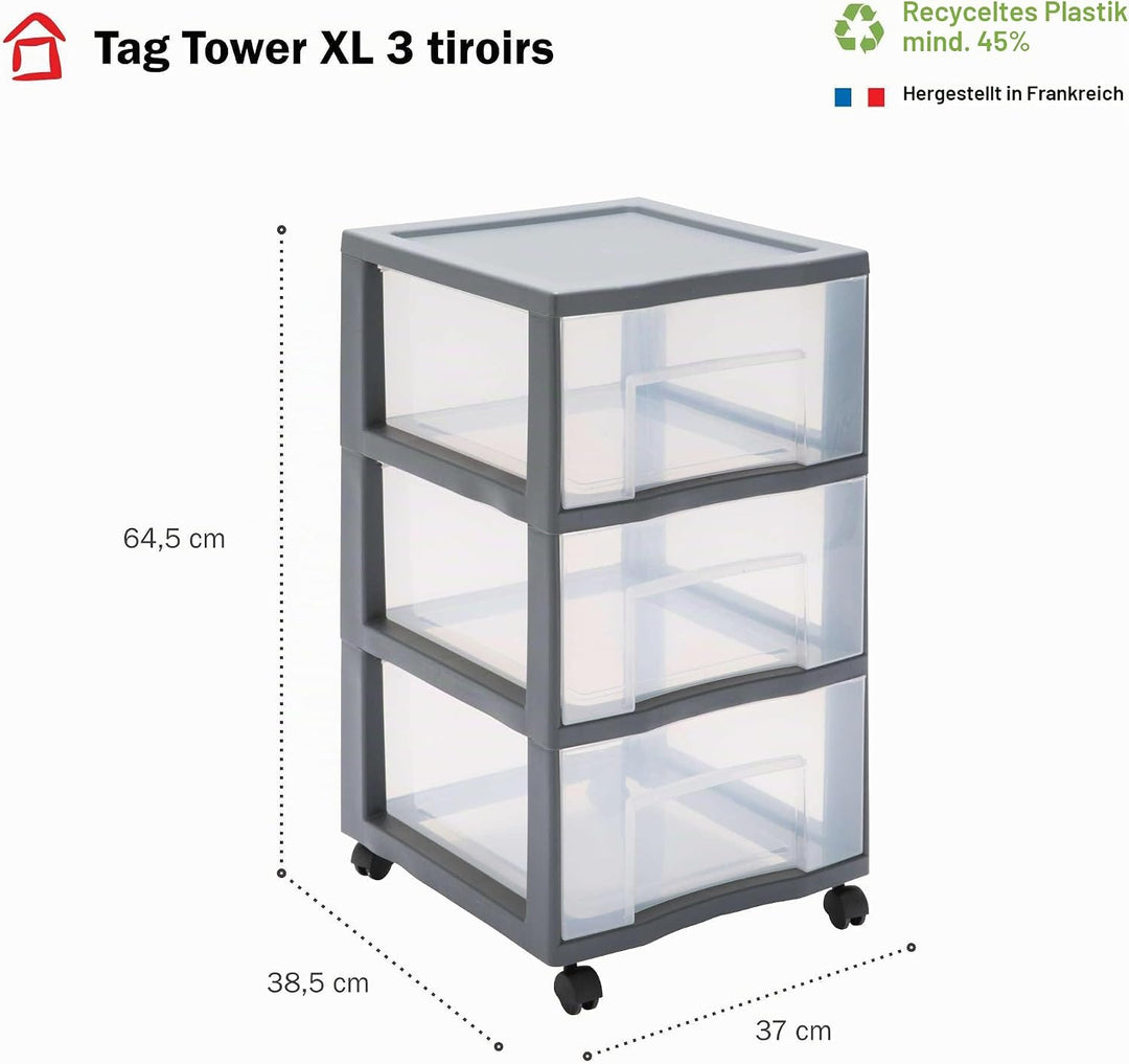 Sundis grosse Kommode auf Rädern TAG TOWER - 3 XL-Schubladen mit Etikettenhalter, Grau H 64,5 cm / 3