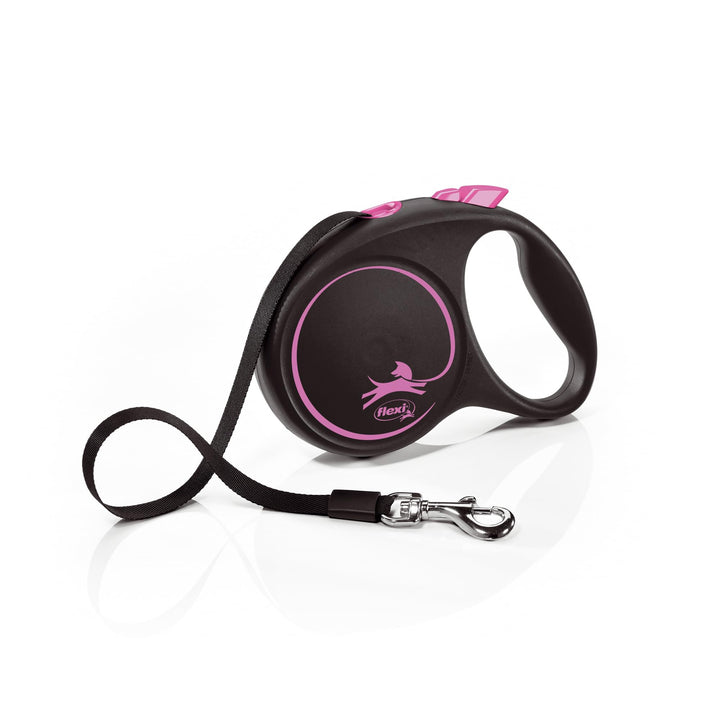 flexi® Black Design M | 5m Gurt Roll-Leine für Hunde bis 25 kg | schwarz/pink | ausziehbare Hundelei