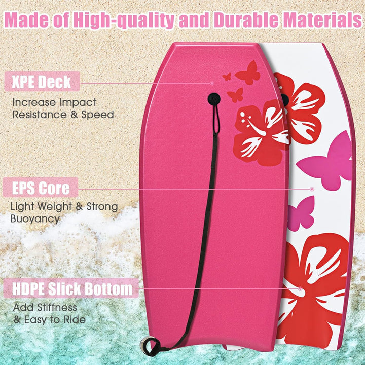 HOMASIS Schwimmbrett mit Zugseil, Bodyboard tragbar, Schwimmboard mit Blumenmuster, Surfbrett für Er