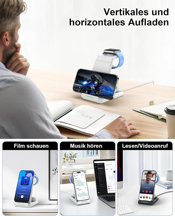 3 in 1 Induktive Ladestation Apple Watch und iPhone, Kabelloses Ladegerät für iPhone 17/16/15/14/13/