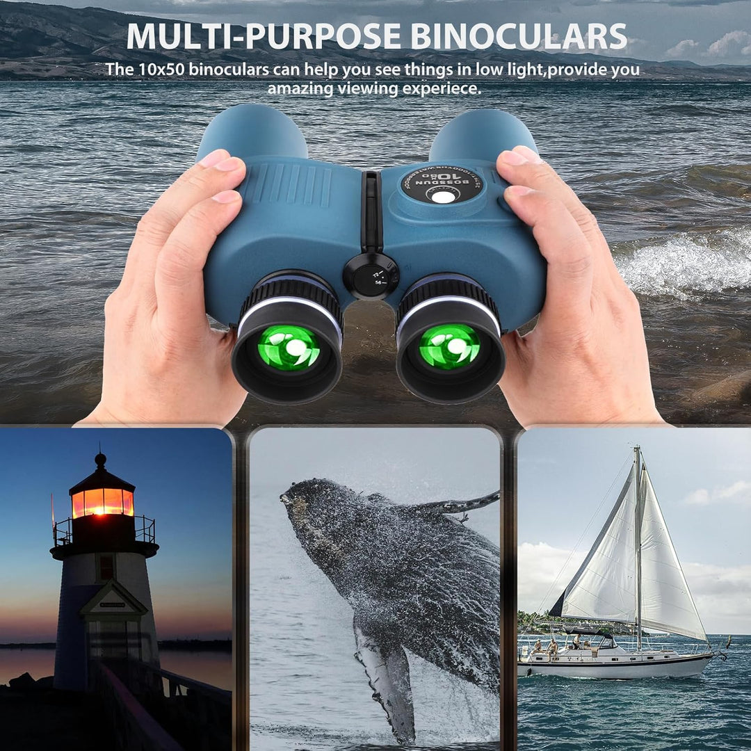 10x50 Marine Fernglas mit beleuchtetem Entfernungsmesser und Kompass, IPX7 wasserdicht, BAK4-Prismen