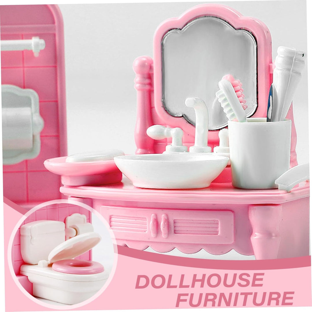 4 Sets Dollhouse Möbelset, realistische Plastikpuppenhausminiaturen umfassen Küchen, Schlafzimmer, B