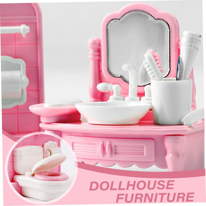 4 Sets Dollhouse Möbelset, realistische Plastikpuppenhausminiaturen umfassen Küchen, Schlafzimmer, B