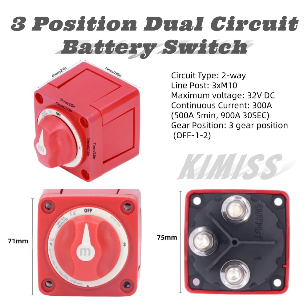 KIMISS Batterieschalter EIN/AUS, 300A M-Serie Batterieschalter 3 Positionen Zweikreis Stromtrenner T
