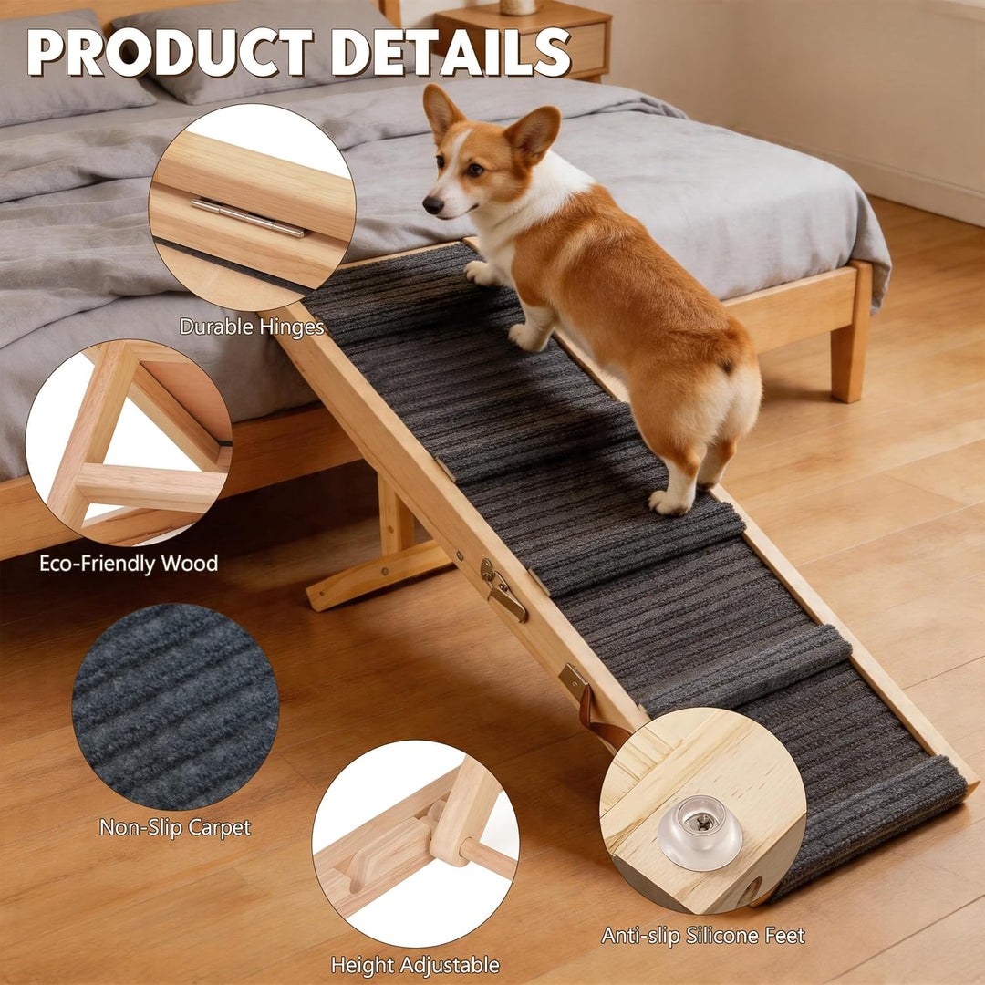 Hunderampe aus Holz, Hundetreppe 4 Stufen Verstellbar 23cm bis 46cm, verstellbare Rampe Hund für Sof