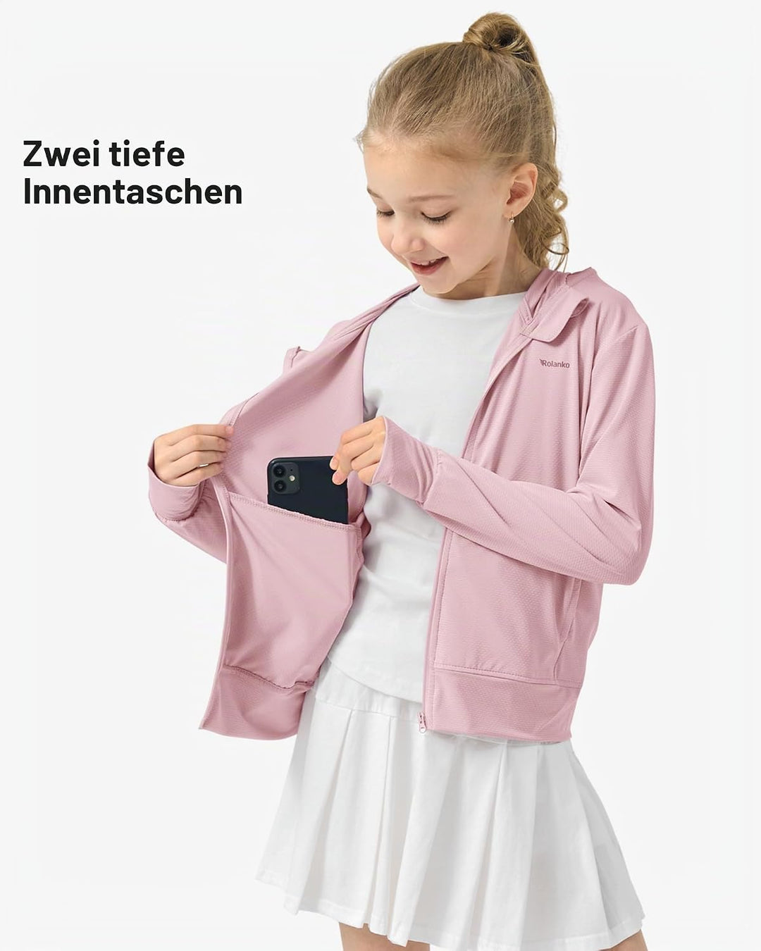 Rolanko Mädchen Sommerjacke mit Daumenlöchern Langarm Sonnenschutz Schnell Trocknend Reissverschluss