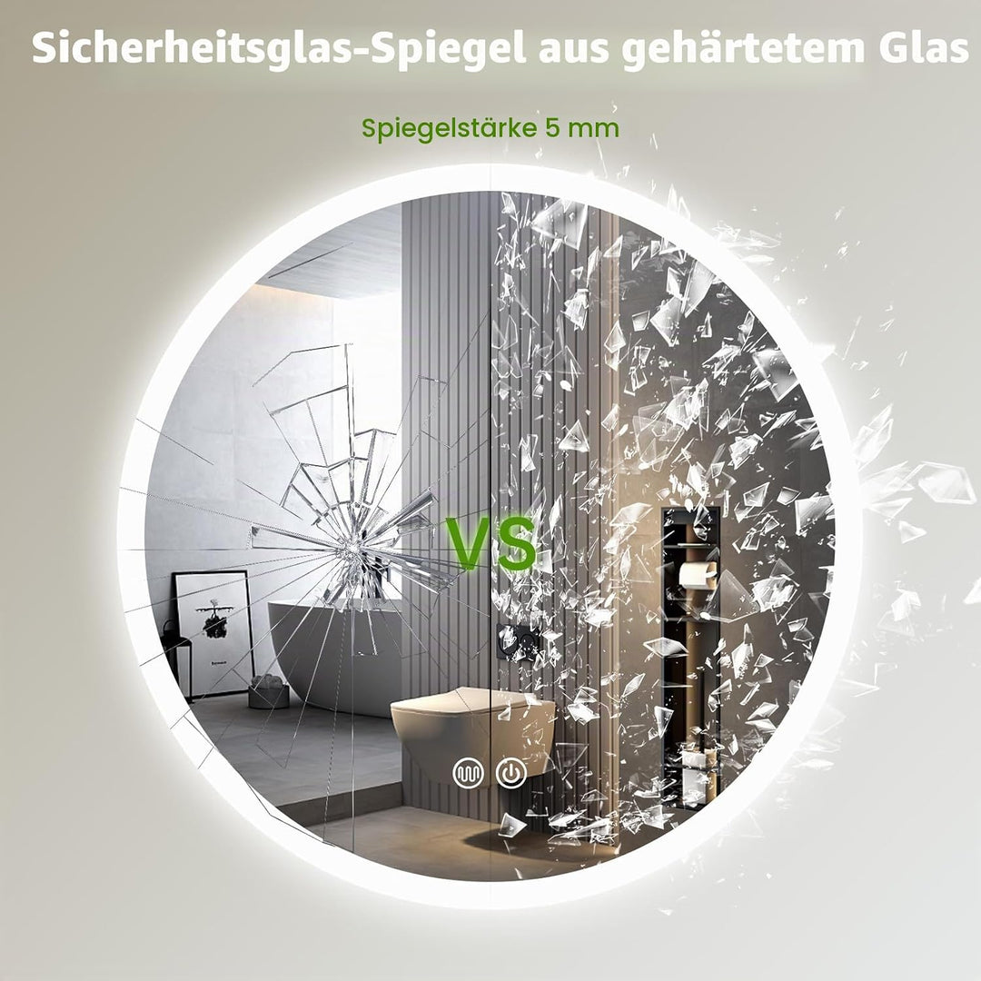 Youyijia Spiegel LED-Badspiegel Rund 70cm Mit Beleuchtung, Touch-Schalter, Dimmbar, 3 Lichtfarben, B