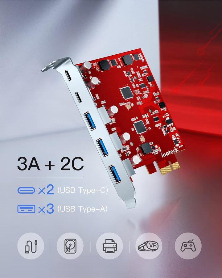 Inateck RedComets U25, PCIe 3.0 x1 USB Karte mit 3 USB-A Ports und 2 USB-C Ports, 8 Gbit/s, Keine Ex