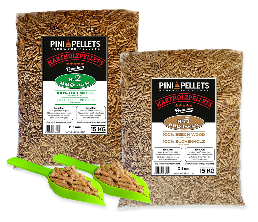 PINI Hartholz Pellets Eiche 15 Kg + Buche 15 Kg für Grill, Smoker, Pizzaofen und Heizungsanlagen
