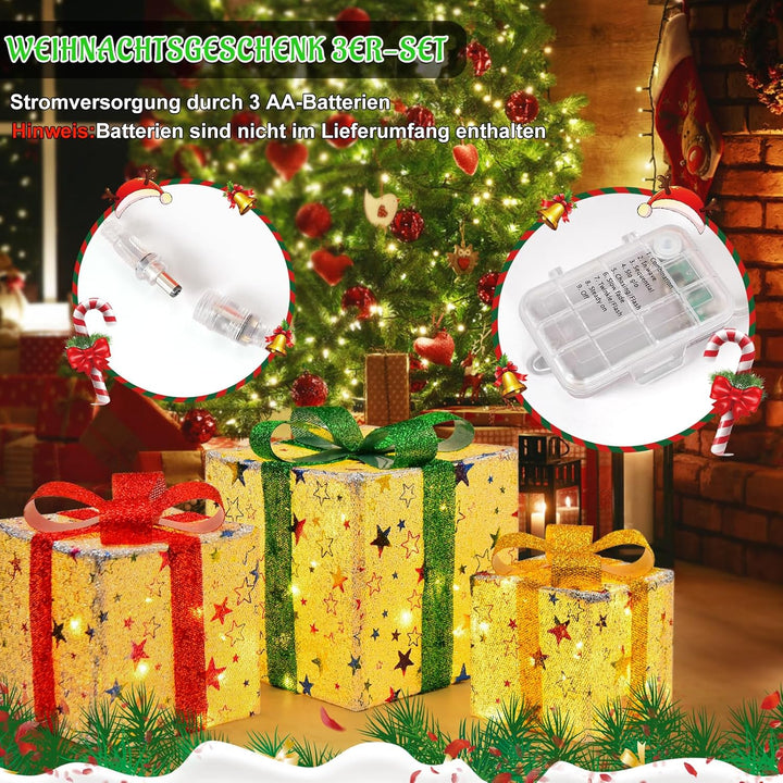 JONRRYIN LED Geschenkbox Weihnachten, 3er Set LED Deko Geschenkbox mit Fernbedienung, Timer, 8 Blitz