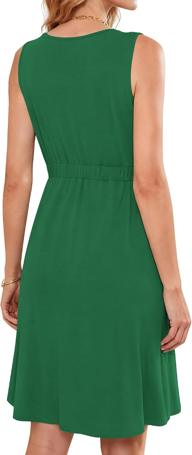 AUSELILY Sommerkleid Damen Ärmellos V-Ausschnitt Minikeid Casual Button Down Strandkleid mit Taschen