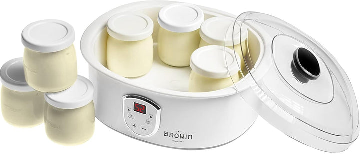 Browin 801015 Joghurtbereiter, Joghurtmaschine mit Thermostat und Gläsern, 7 Joghurtgläser mit Decke