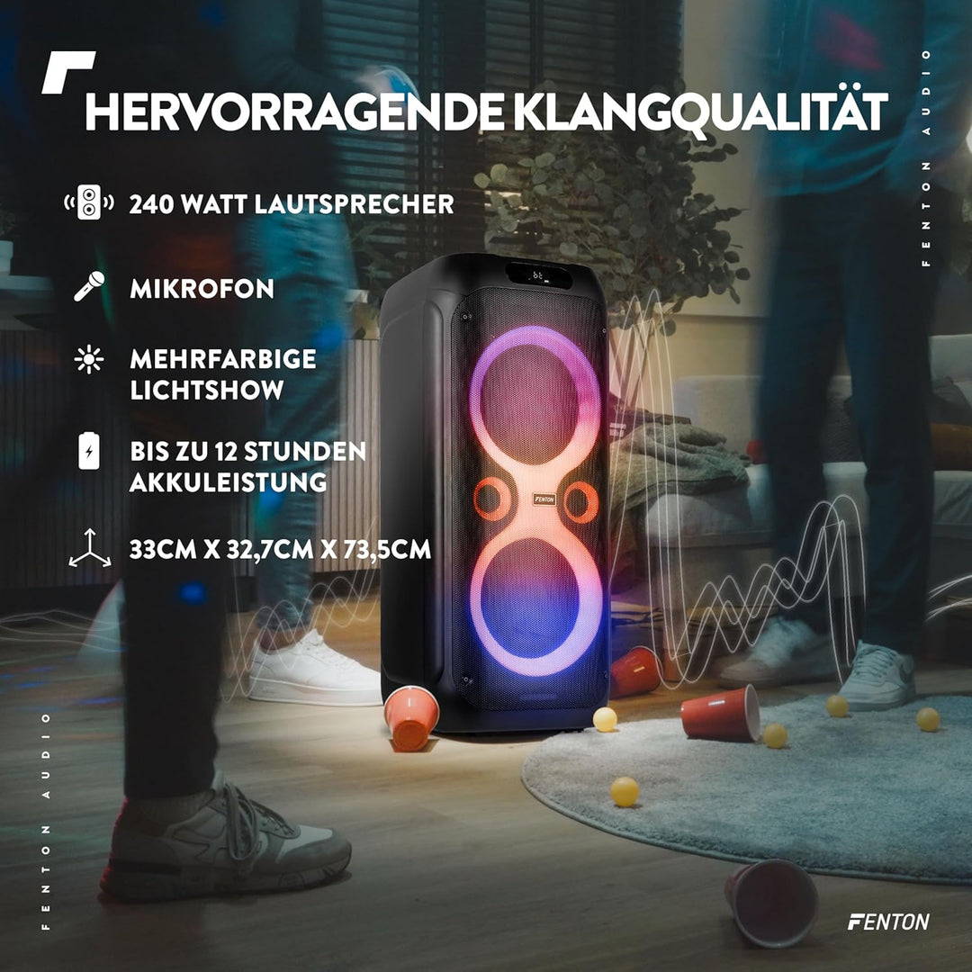 Fenton Core160 Musikbox Bluetooth Gross 240W, Akku 12 Std, Karaoke Mikrofon, BT 5.3, Fernbedienung,