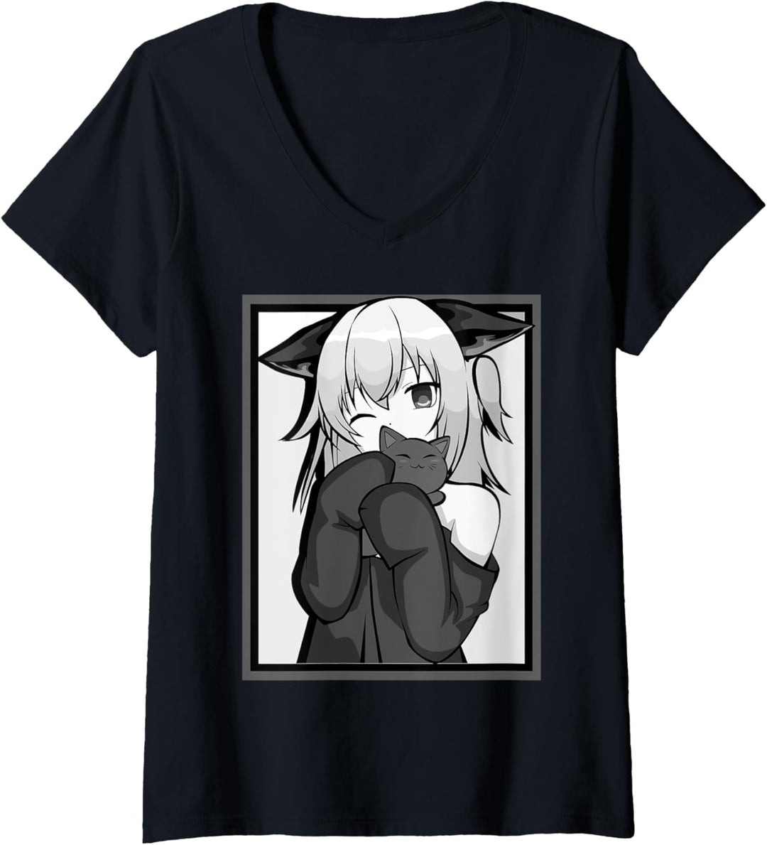 Damen Anime-Girl, niedliches Katzen-Design, Schwarz und Weiss T-Shirt mit V-Ausschnitt