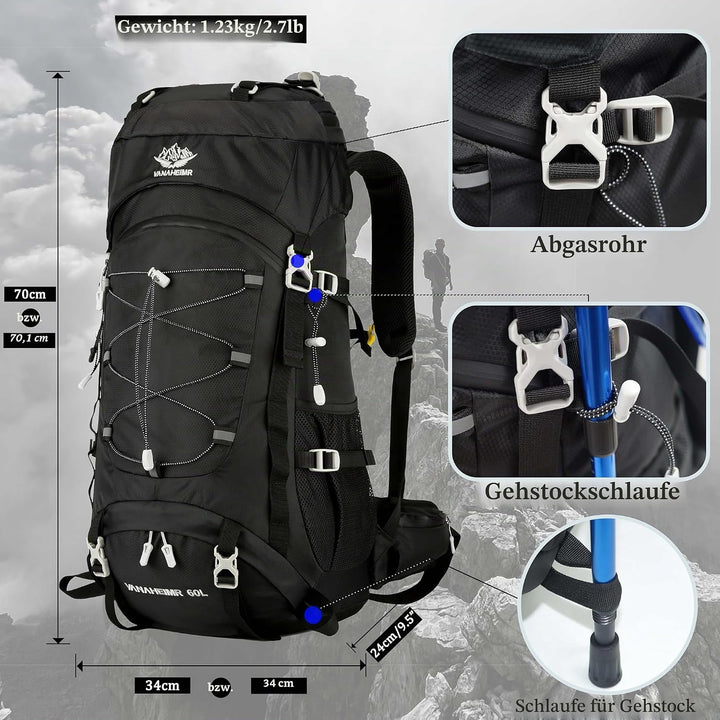 60L wanderrucksack Wander camping rucksack, mit Regenschutz, Kletterrucksack für Damen und Herren, R