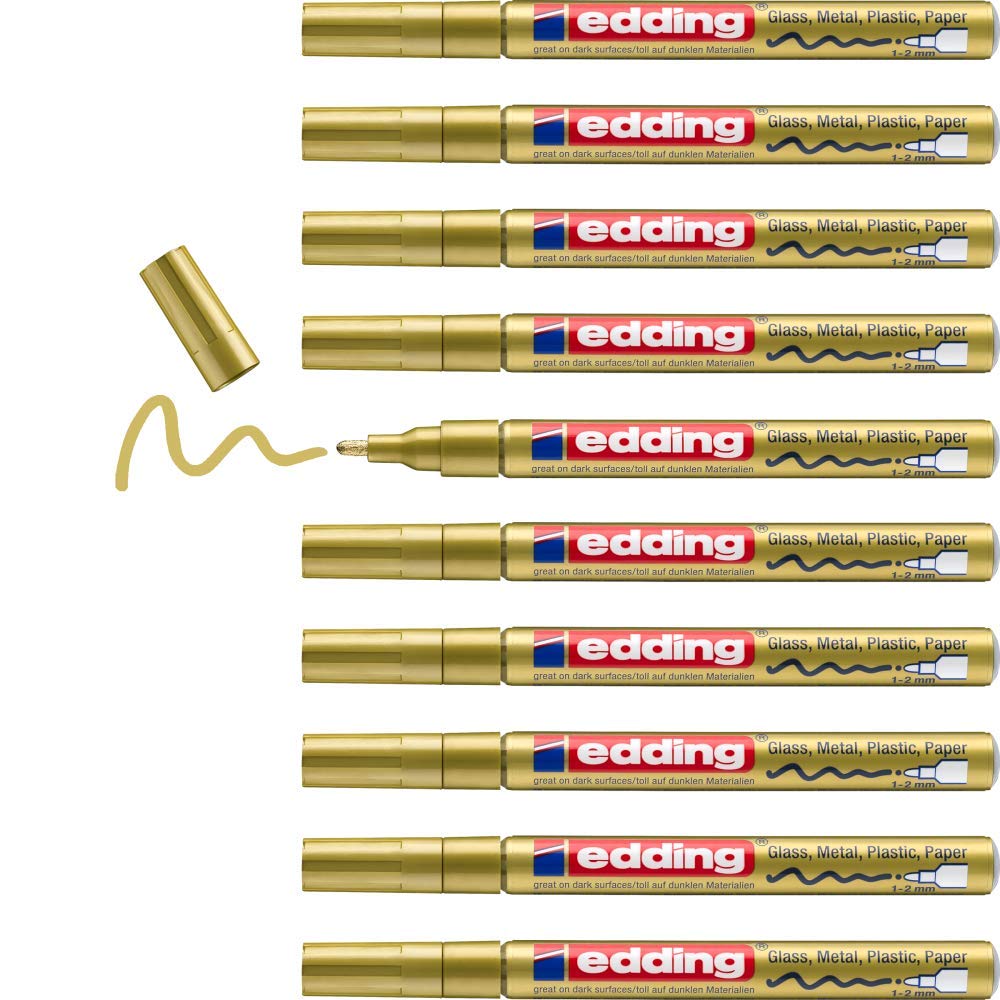 edding 751 Glanzlackmarker - gold - 10 Lackmarker - Rundspitze 1-2 mm - Lackstift für Glas, Stein, H
