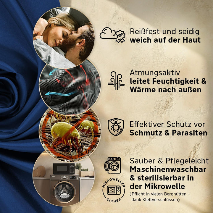 Hüttenschlafsack aus Mikrofaser oder Bio-Baumwolle (nur 230g / 380g) - Ultra leicht, klein und dünn.